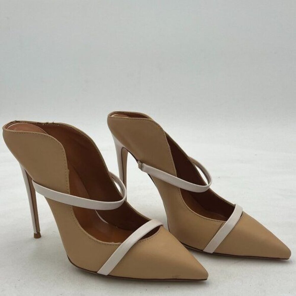 Women's Nude Pointed-Toe Stiletto Mules with White Straps